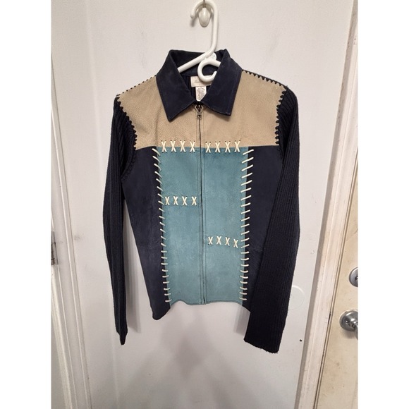 Studio Works Jackets & Blazers - Big Studio Works Small Women's Leather Patchwork Blue Gray Full Zip Whipstitch